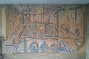 Wandgemälde "Blick von der Lombardsbrücke" (1959) von Eduard Bargheer im Kreuzbau des Gymnasiums Rahlstedt, Hamburg.